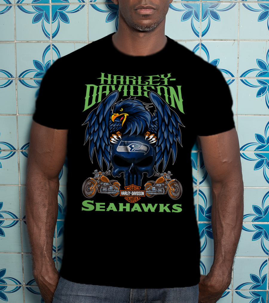 Harley Davidson Seattle Seahawks Motorcycle Skull T-Shirt