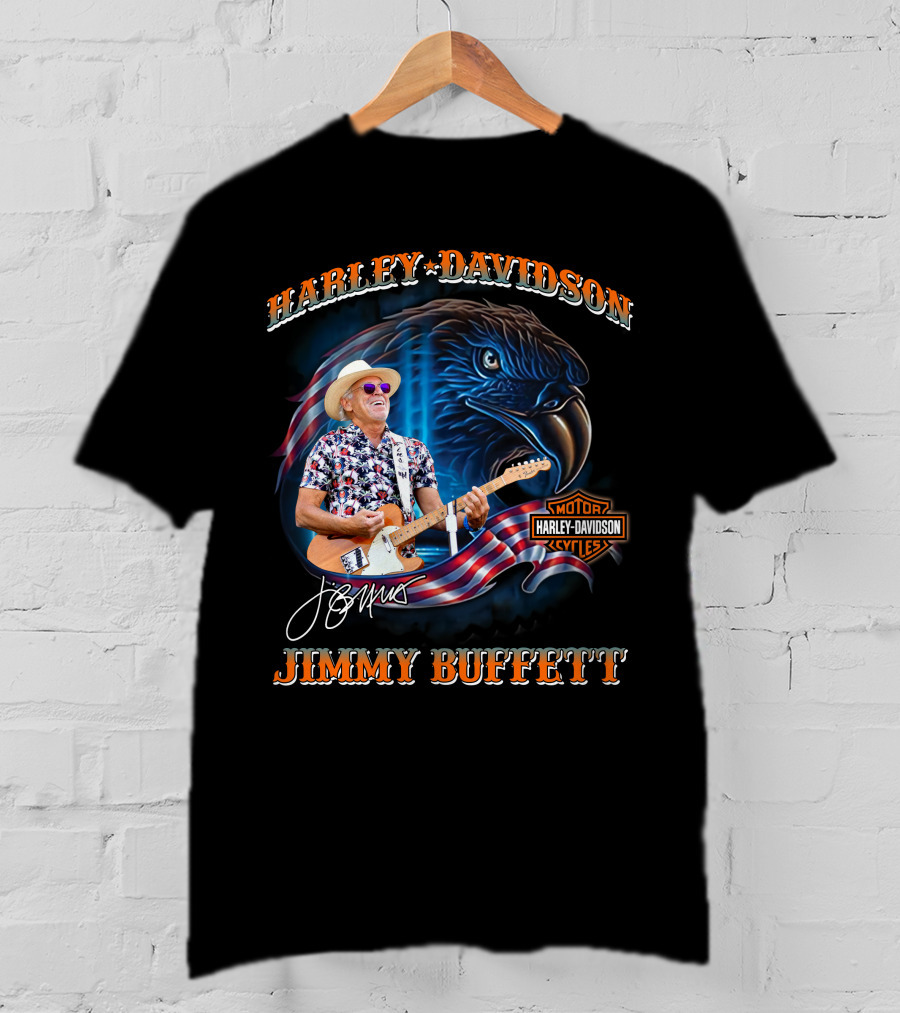 Harley Davidson Jimmy Buffett American Flag Eagle Guitar T-Shirt