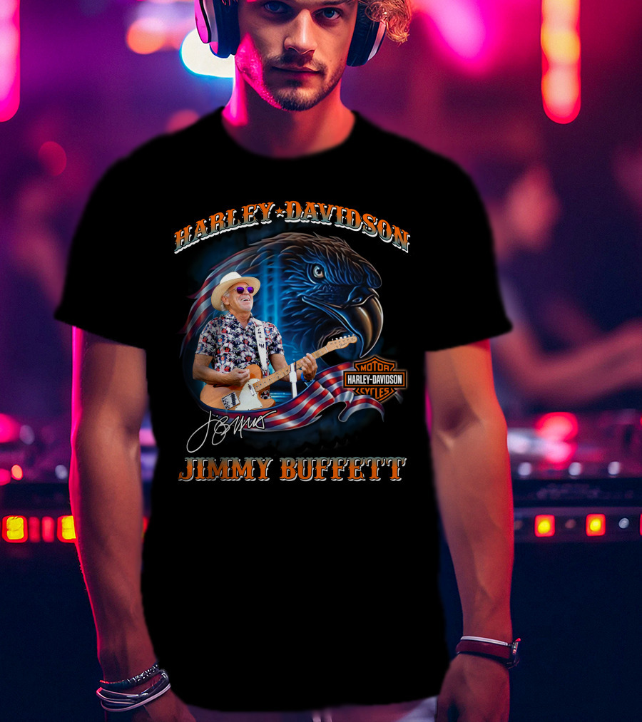 Harley Davidson Jimmy Buffett American Flag Eagle Guitar T-Shirt