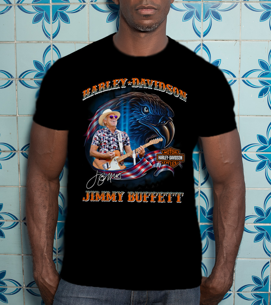 Harley Davidson Jimmy Buffett American Flag Eagle Guitar T-Shirt