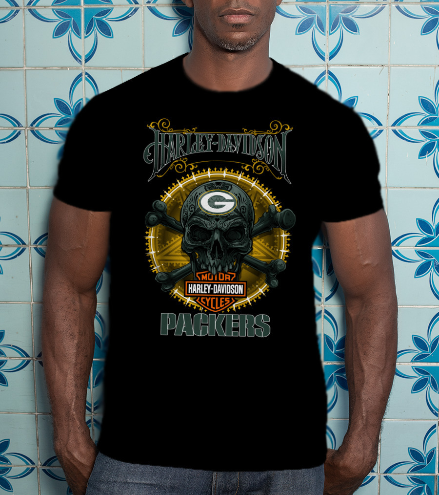Harley Davidson Green Bay Packers Motor Cycles Skull T-Shirt