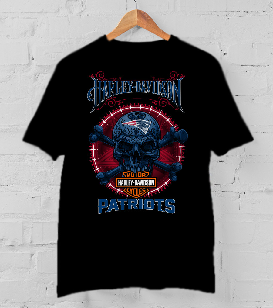 Harley Davidson Motor Cycles New England Patriots Skull T-Shirt