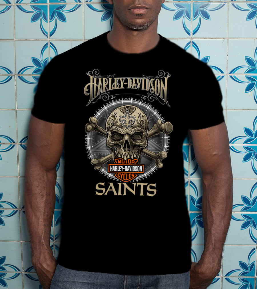 Harley Davidson New Orleans Saints Skull And Crossbones T-Shirt