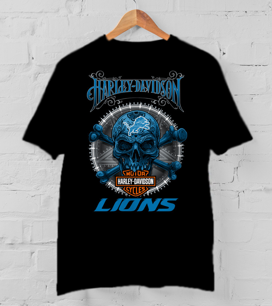 Harley Davidson Motor Cycles Skull Detroit Lions T-Shirt