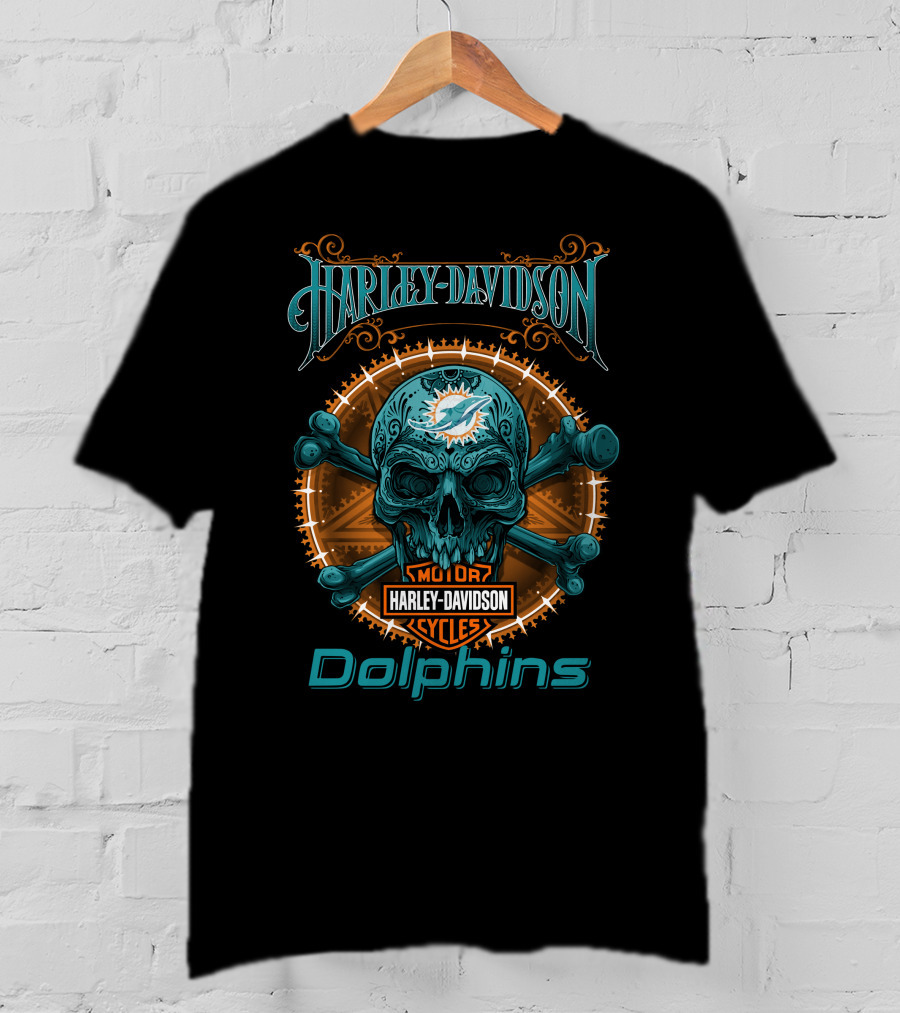 Harley Davidson Miami Dolphins Motor Cycles Skeleton Skull T-Shirt
