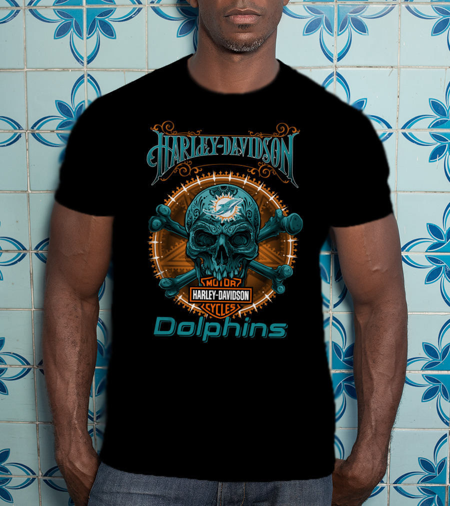 Harley Davidson Miami Dolphins Motor Cycles Skeleton Skull T-Shirt