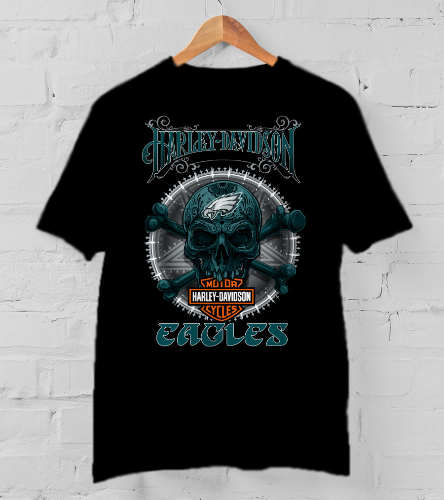 Harley Davidson Philadelphia Eagles Motor Cycles Skull T-Shirt