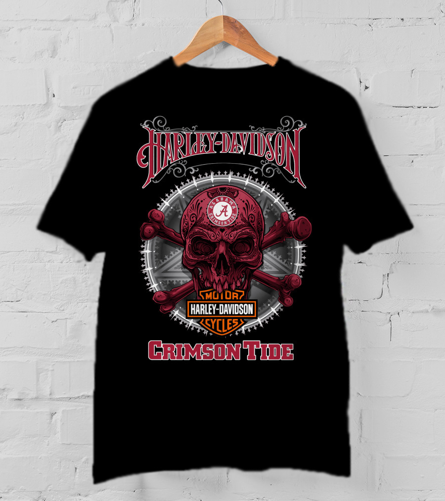 Harley Davidson Alabama Crimson Tide Skull Crossbones Ncaa T-Shirt