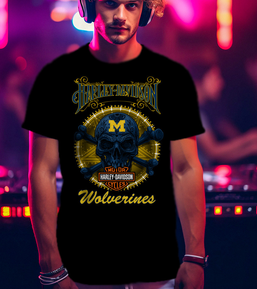 Harley Davidson Michigan Wolverines Skull Motor Cycles T-Shirt