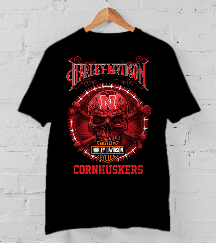 Harley Davidson Nebraska Cornhuskers Skull Motor Cycles T-Shirt