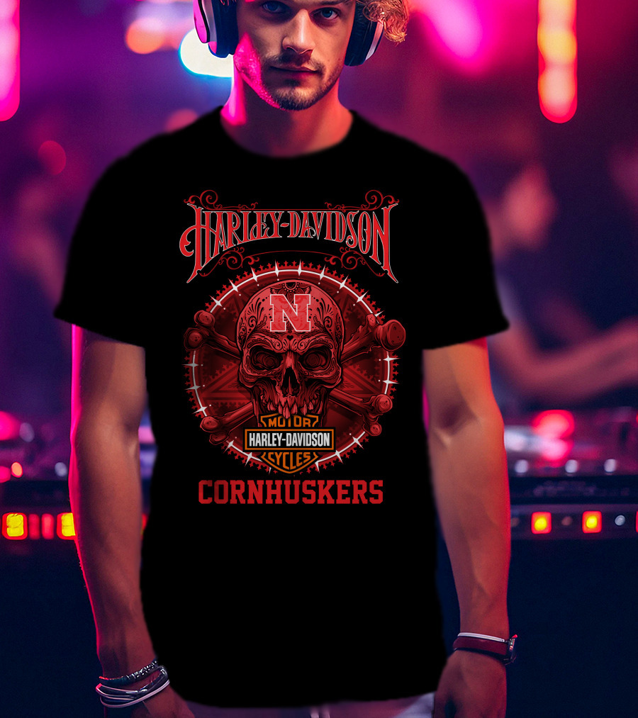 Harley Davidson Nebraska Cornhuskers Skull Motor Cycles T-Shirt