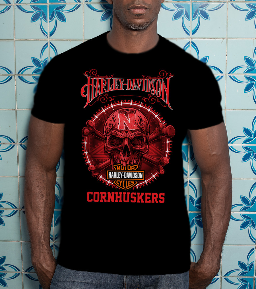 Harley Davidson Nebraska Cornhuskers Skull Motor Cycles T-Shirt