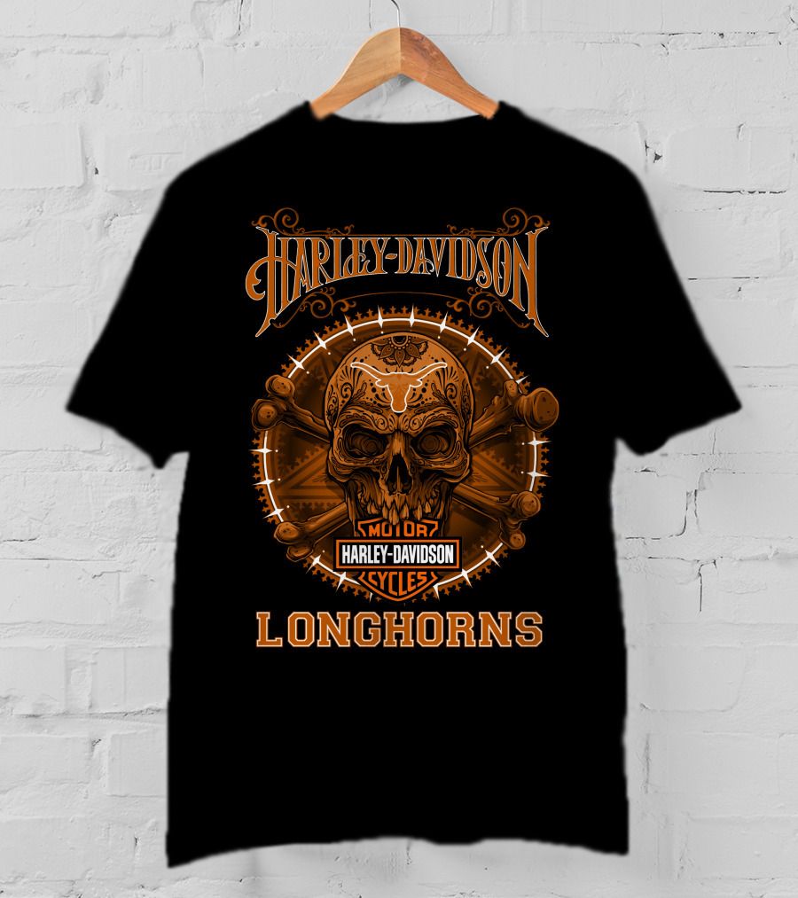 Harley Davidson Longhorns Skull Design Motor Cycles T-Shirt