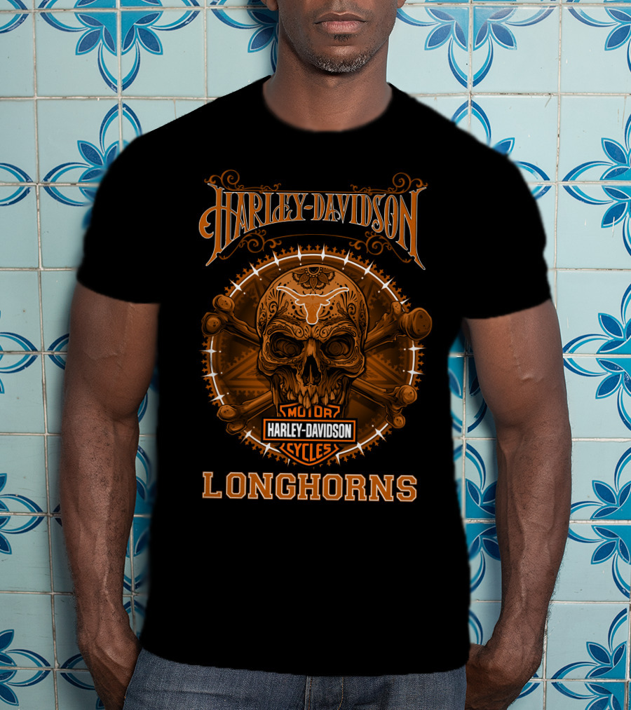 Harley Davidson Longhorns Skull Design Motor Cycles T-Shirt
