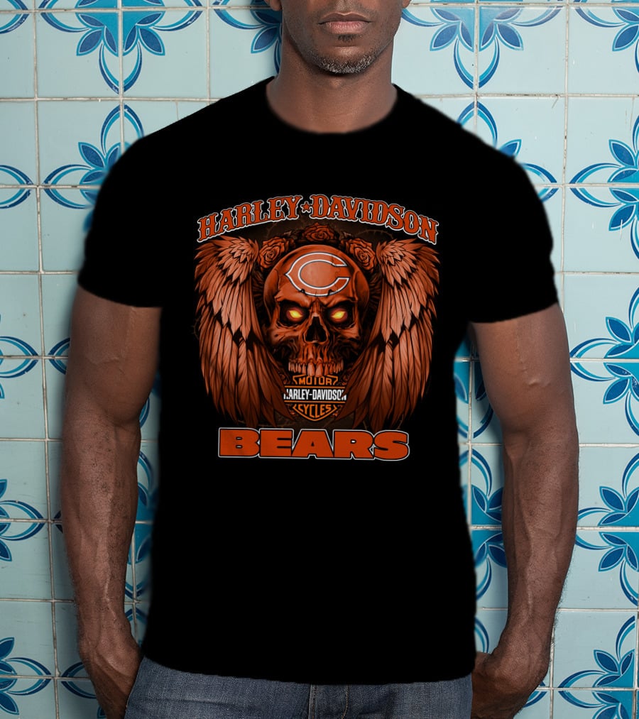 Harley Davidson Chicago Bears Motor Cycles Skull T-Shirt