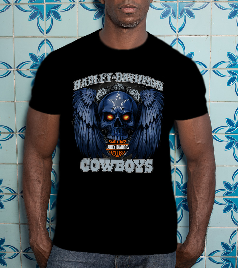 Harley Davidson Cycles Cowboys Skull With Wings And Star T-Shirt