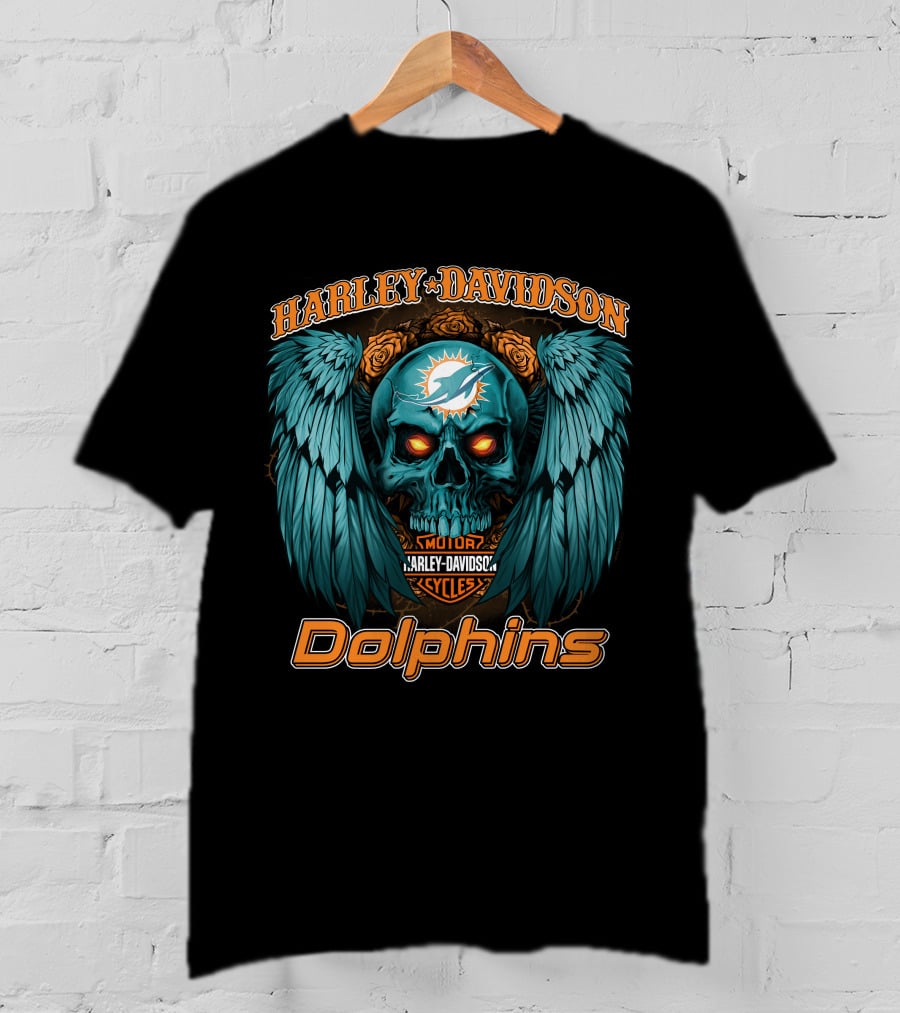 Harley Davidson Miami Dolphins Skull Wings T-Shirt
