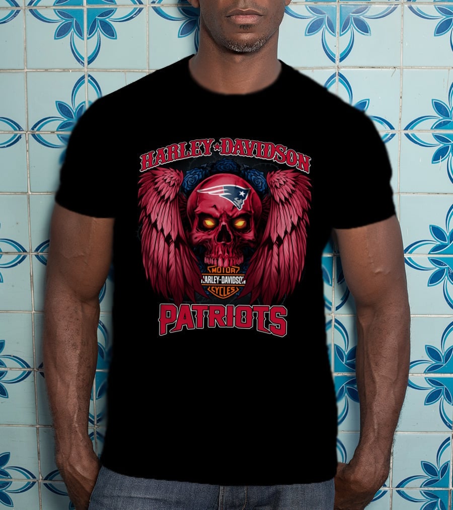 Harley Davidson Motor Cycles New England Patriots Skull Wings T-Shirt