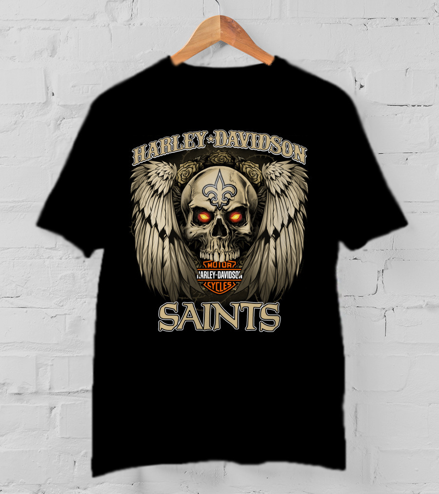 Harley Davidson Motor Cycles New Orleans Saints Skull Wings Fleur-De-Lis T-Shirt