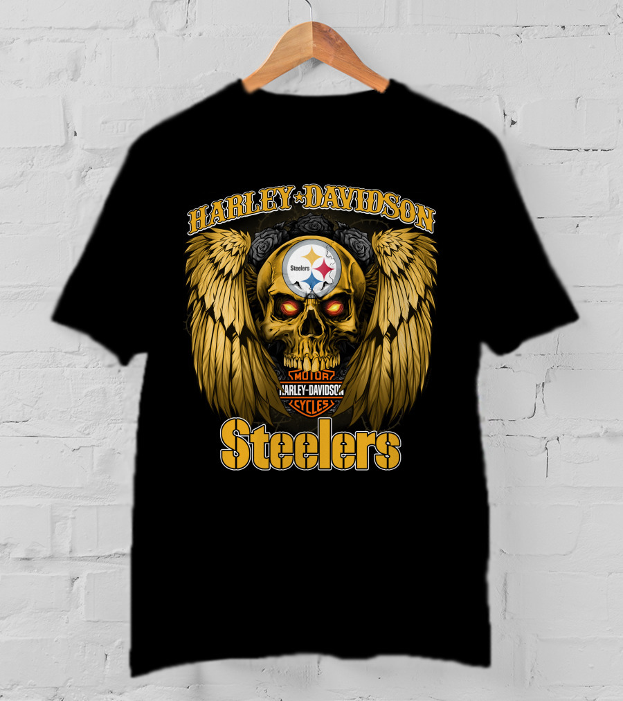 Harley Davidson Steelers Skull With Wings T-Shirt