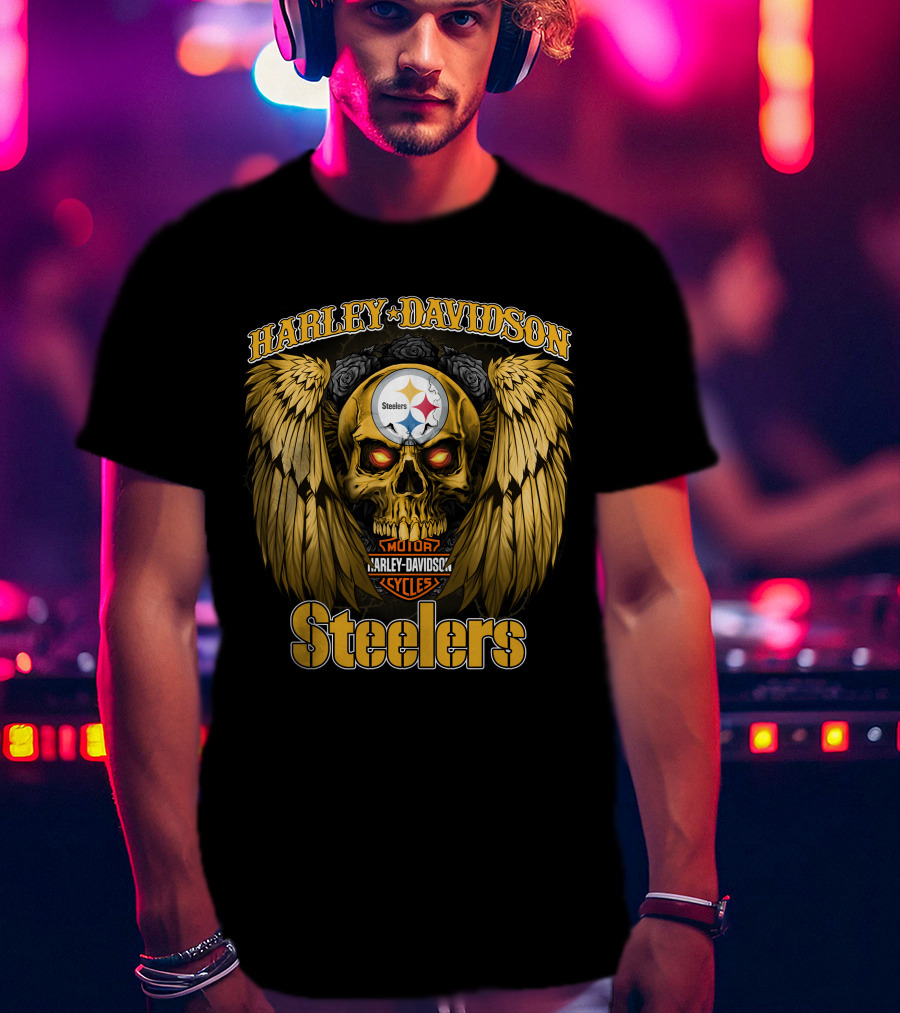 Harley Davidson Steelers Skull With Wings T-Shirt