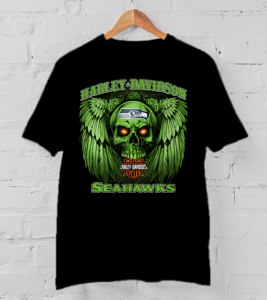 Harley Davidson Motor Cycles Seattle Seahawks Skull Wings T-Shirt