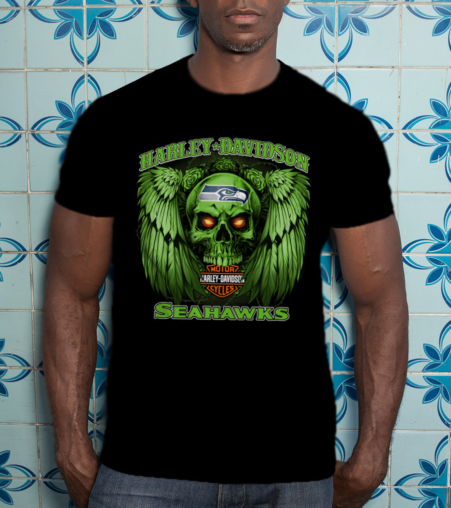 Harley Davidson Motor Cycles Seattle Seahawks Skull Wings T-Shirt