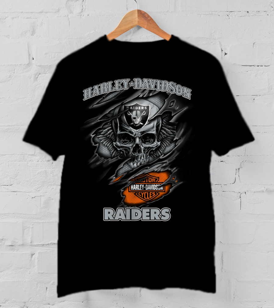 Harley Davidson Raiders Skull Graphic With Motor Cycles Logo Nfl 12.30 Las Vegas Raiders T-Shirt