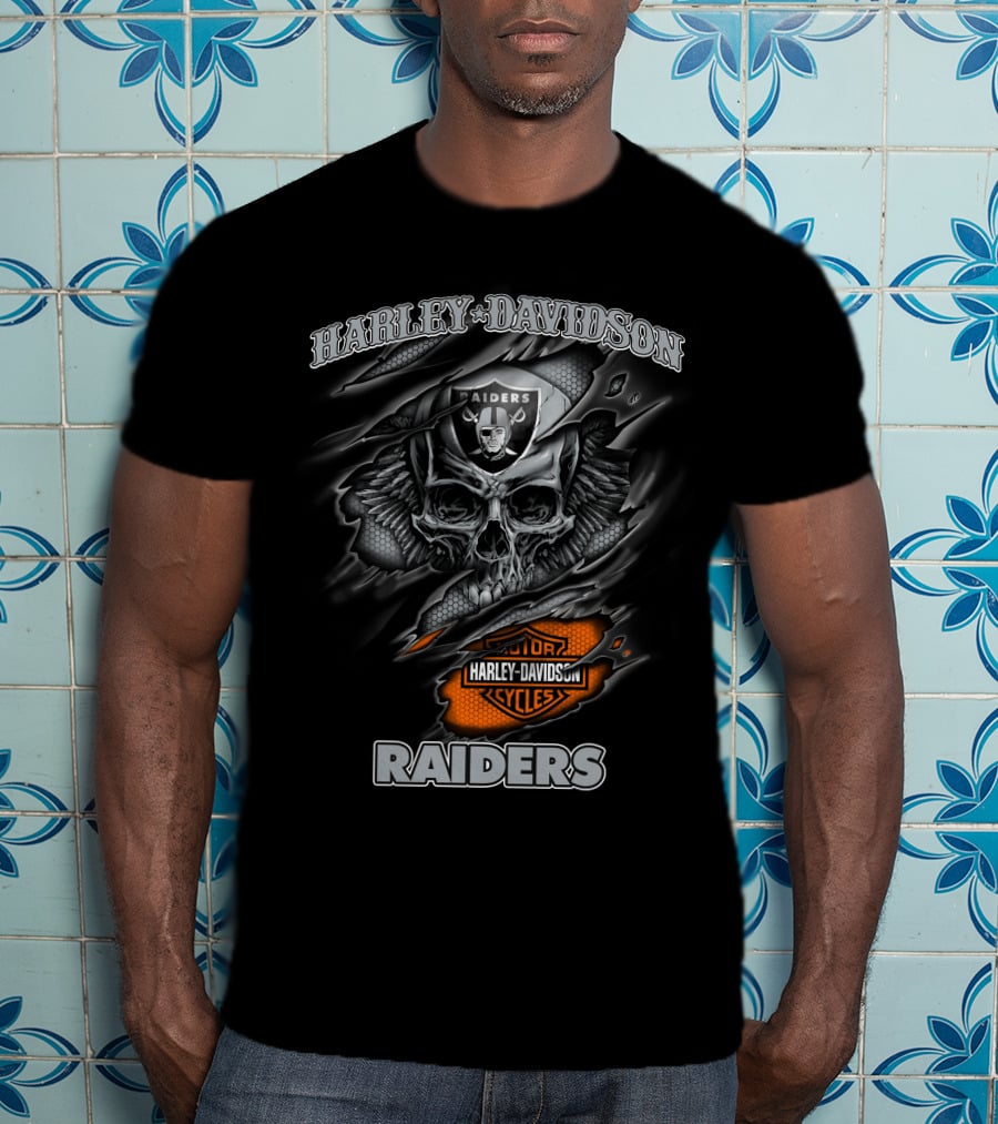 Harley Davidson Raiders Skull Graphic With Motor Cycles Logo Nfl 12.30 Las Vegas Raiders T-Shirt