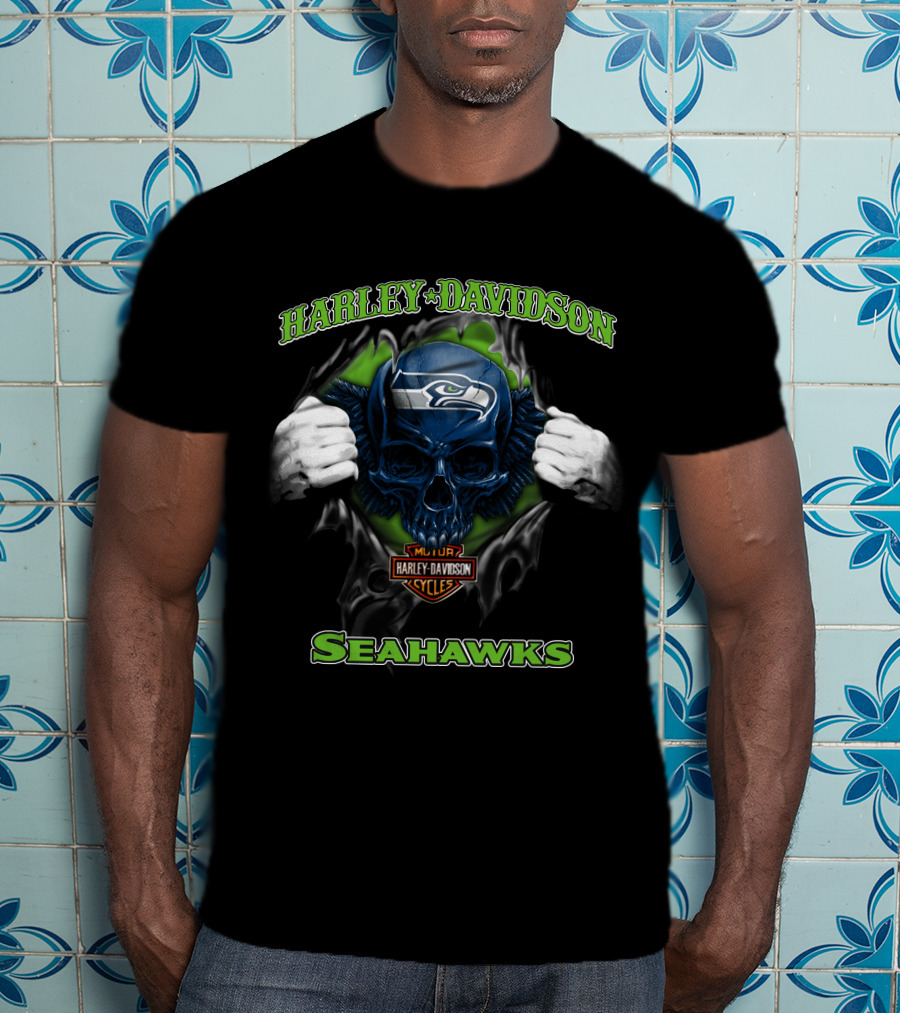 Harley Davidson Nfl Skull Seattle Seahawks Cycles T-Shirt