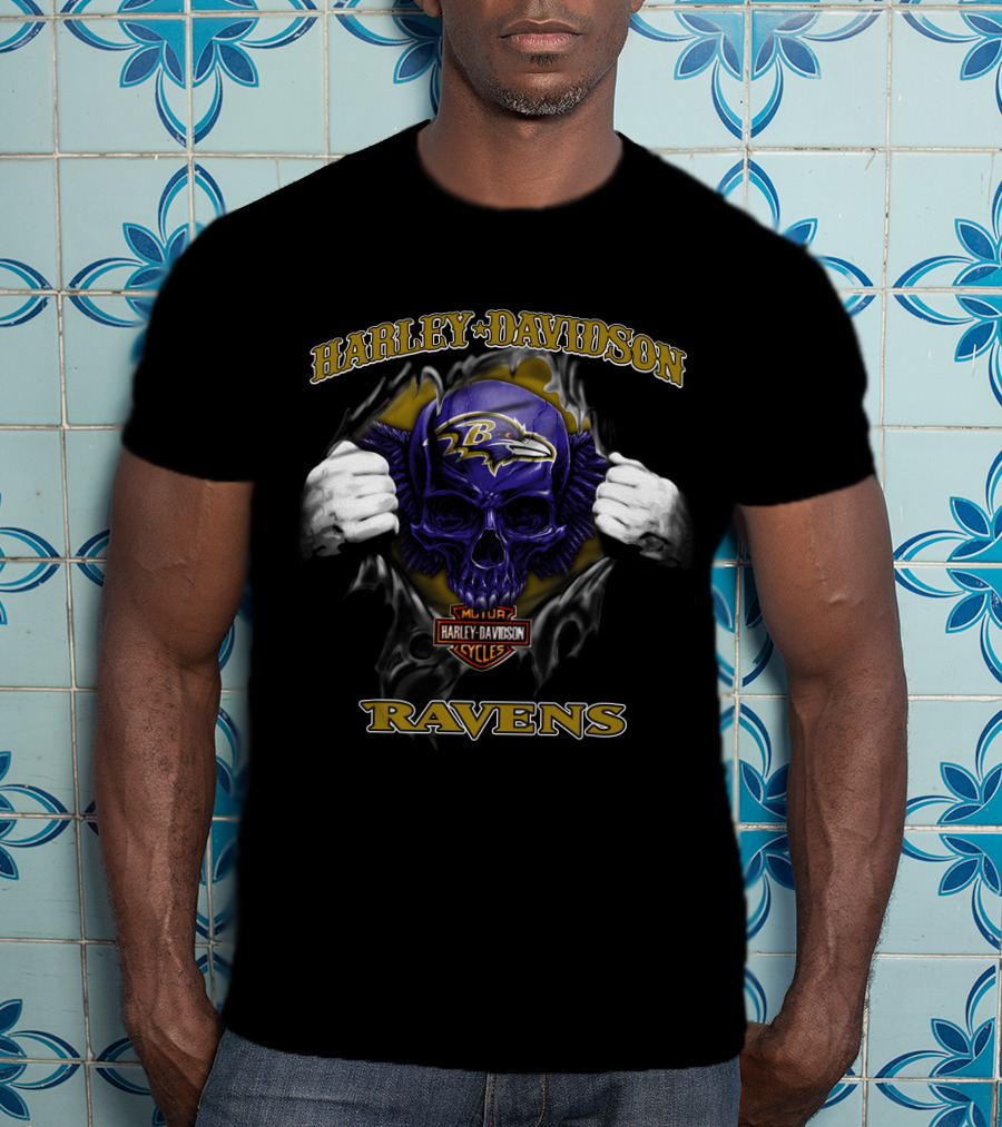 Harley Davidson Baltimore Ravens Skull Nfl Football T-Shirt