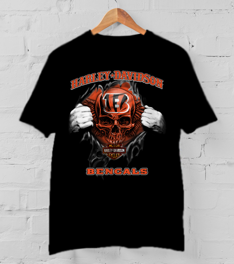 Harley Davidson Nfl Skull Cincinnati Bengals Motorcycles T-Shirt
