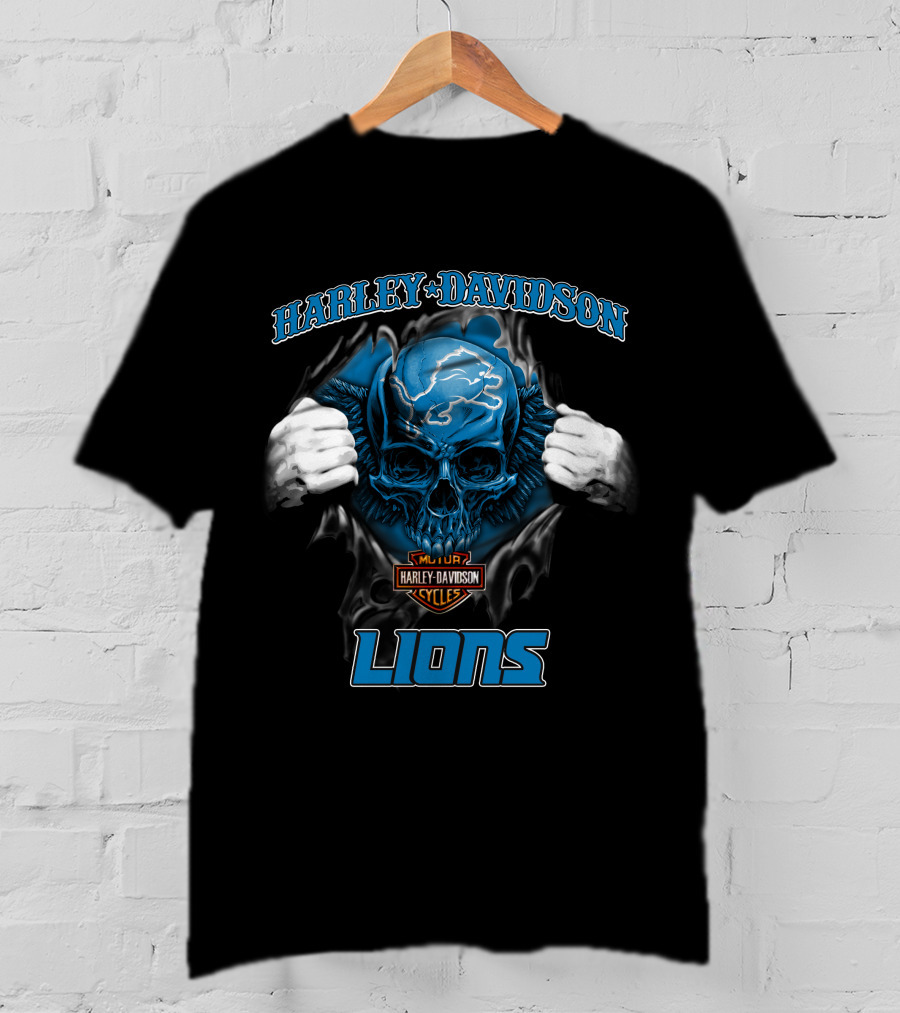 Harley Davidson Lions Nfl Skull Detroit Motor Cycles T-Shirt