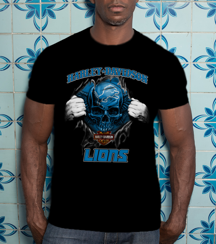 Harley Davidson Lions Nfl Skull Detroit Motor Cycles T-Shirt