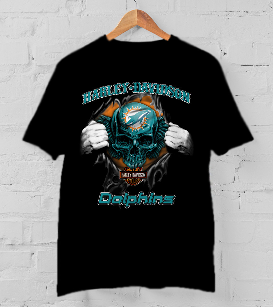 Harley Davidson Miami Dolphins Skull Nfl Cycles T-Shirt