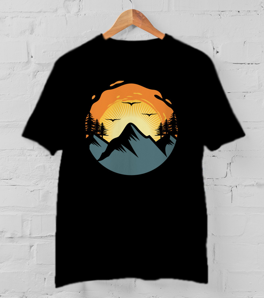 Sunrise Over Mountain Silhouette With Trees And Birds T-Shirt