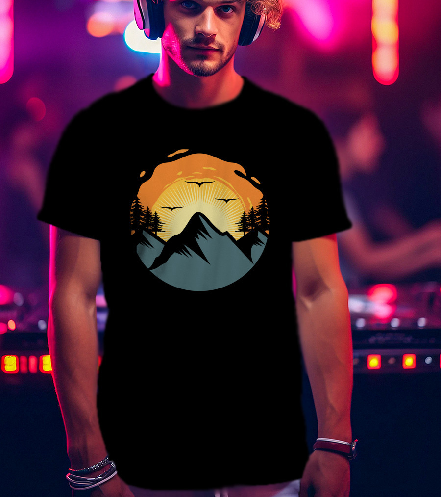 Sunrise Over Mountain Silhouette With Trees And Birds T-Shirt