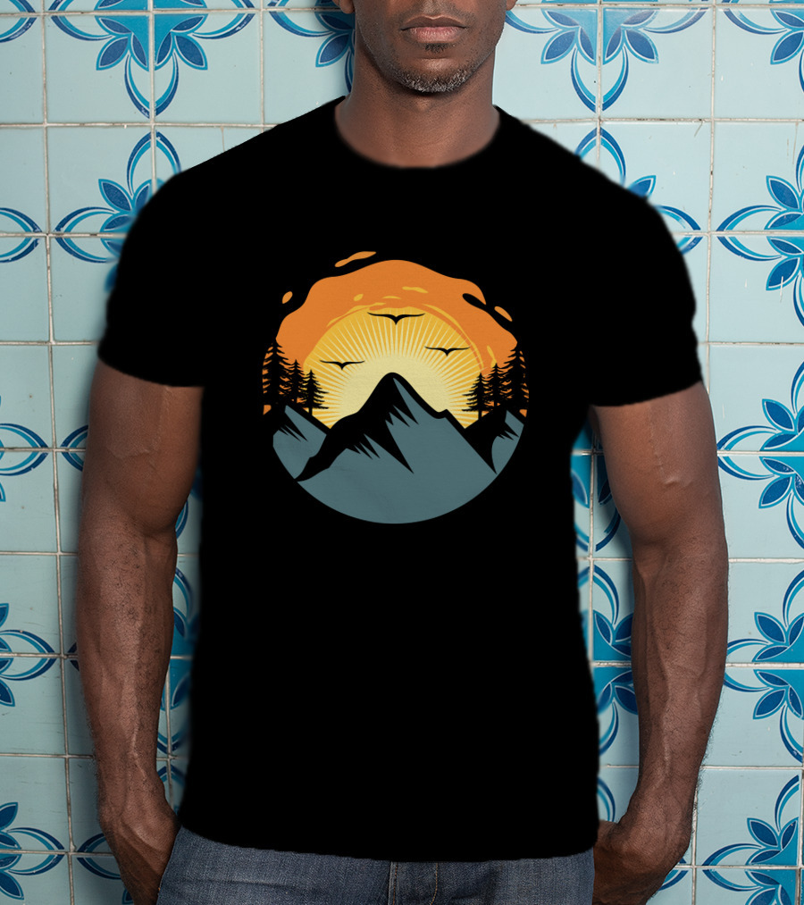 Sunrise Over Mountain Silhouette With Trees And Birds T-Shirt
