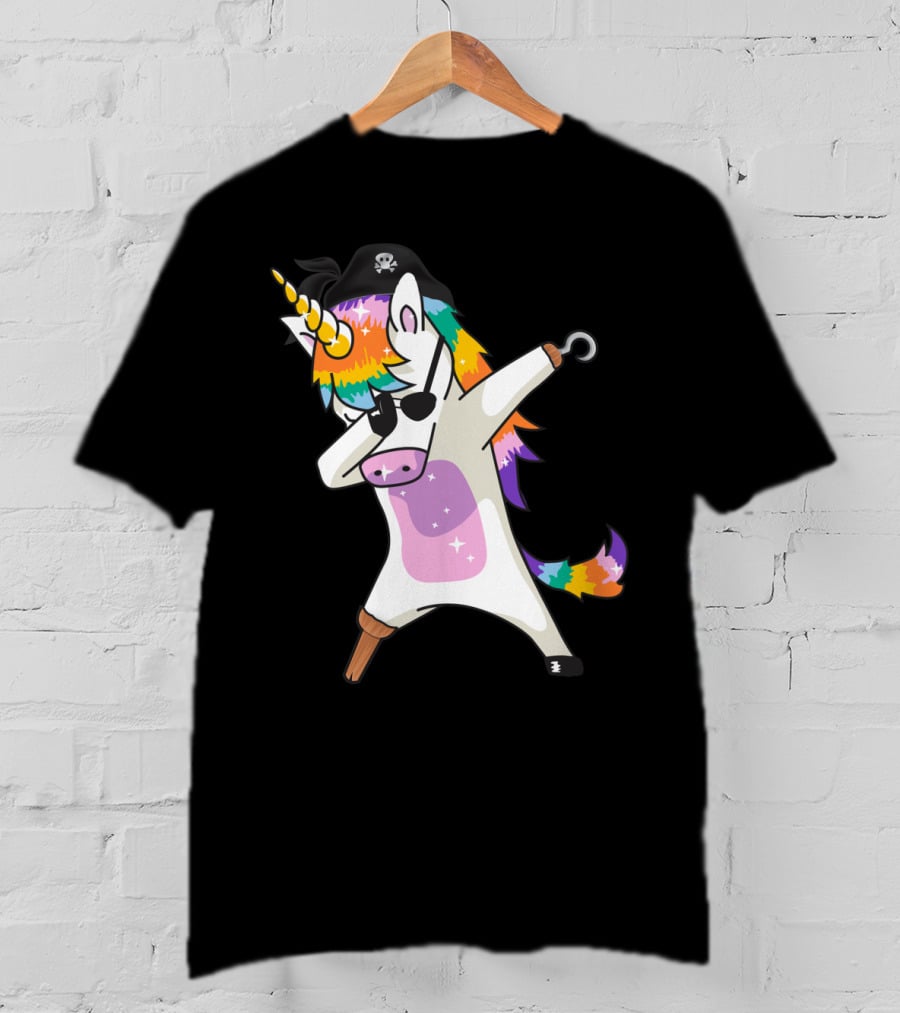 Dabbing Unicorn Pirate With Rainbow Mane Wearing Eyepatch And Pirate Hat T-Shirt
