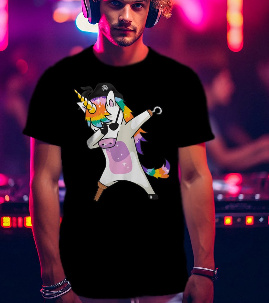 Dabbing Unicorn Pirate With Rainbow Mane Wearing Eyepatch And Pirate Hat T-Shirt