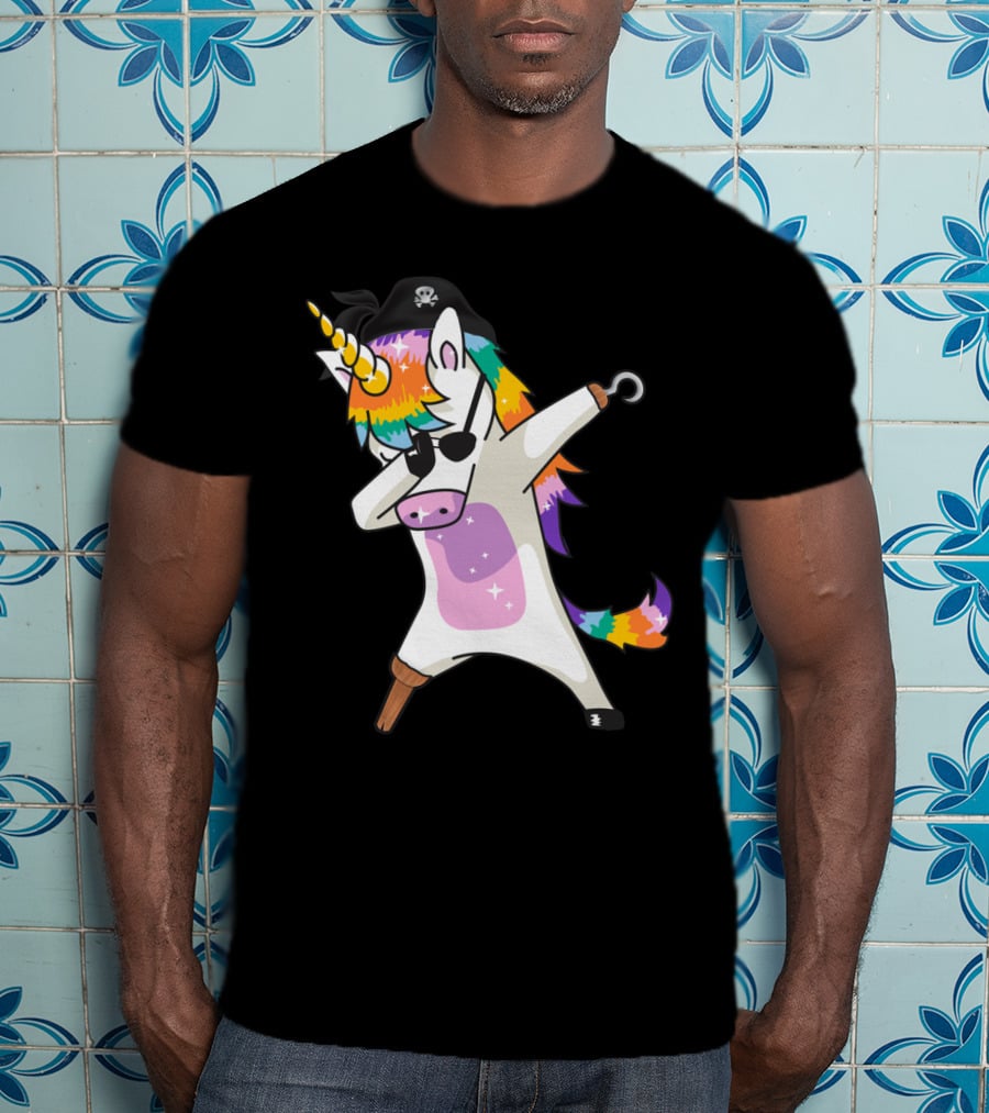 Dabbing Unicorn Pirate With Rainbow Mane Wearing Eyepatch And Pirate Hat T-Shirt