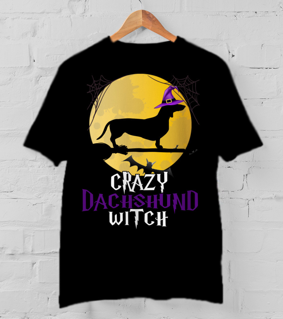 Crazy Dachshund Witch Dog Halloween Moon Silhouette With Broomstick And Purple Hat T-Shirt