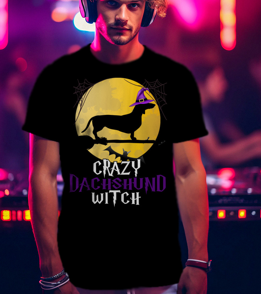 Crazy Dachshund Witch Dog Halloween Moon Silhouette With Broomstick And Purple Hat T-Shirt