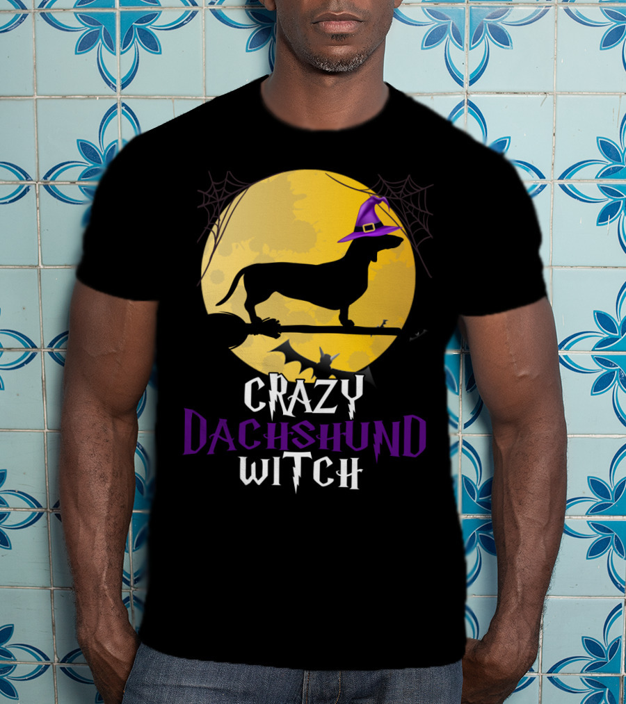 Crazy Dachshund Witch Dog Halloween Moon Silhouette With Broomstick And Purple Hat T-Shirt