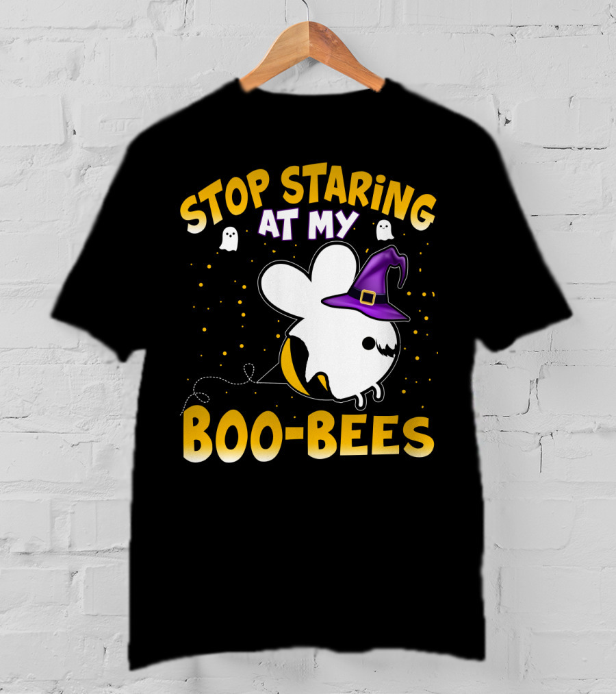 Stop Staring At My Boo Bees Halloween Ghost Bees With Witch Hat And Yellow Dots T-Shirt