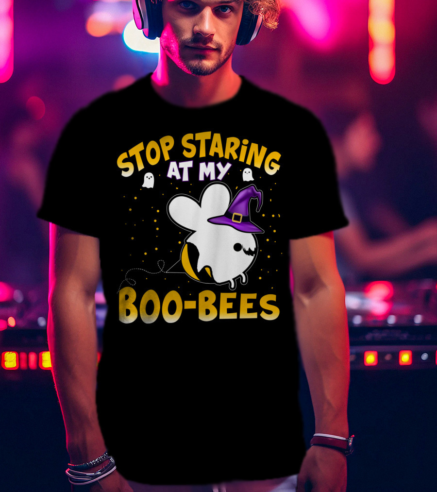Stop Staring At My Boo Bees Halloween Ghost Bees With Witch Hat And Yellow Dots T-Shirt