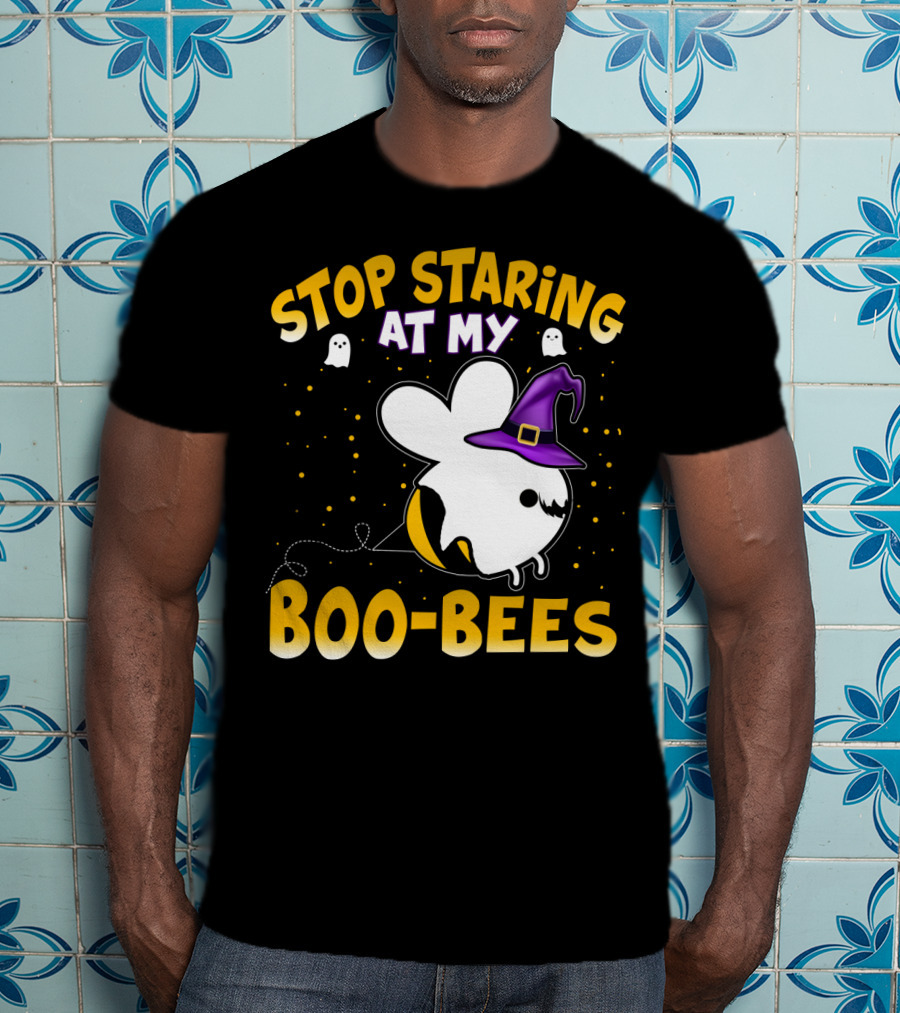 Stop Staring At My Boo Bees Halloween Ghost Bees With Witch Hat And Yellow Dots T-Shirt