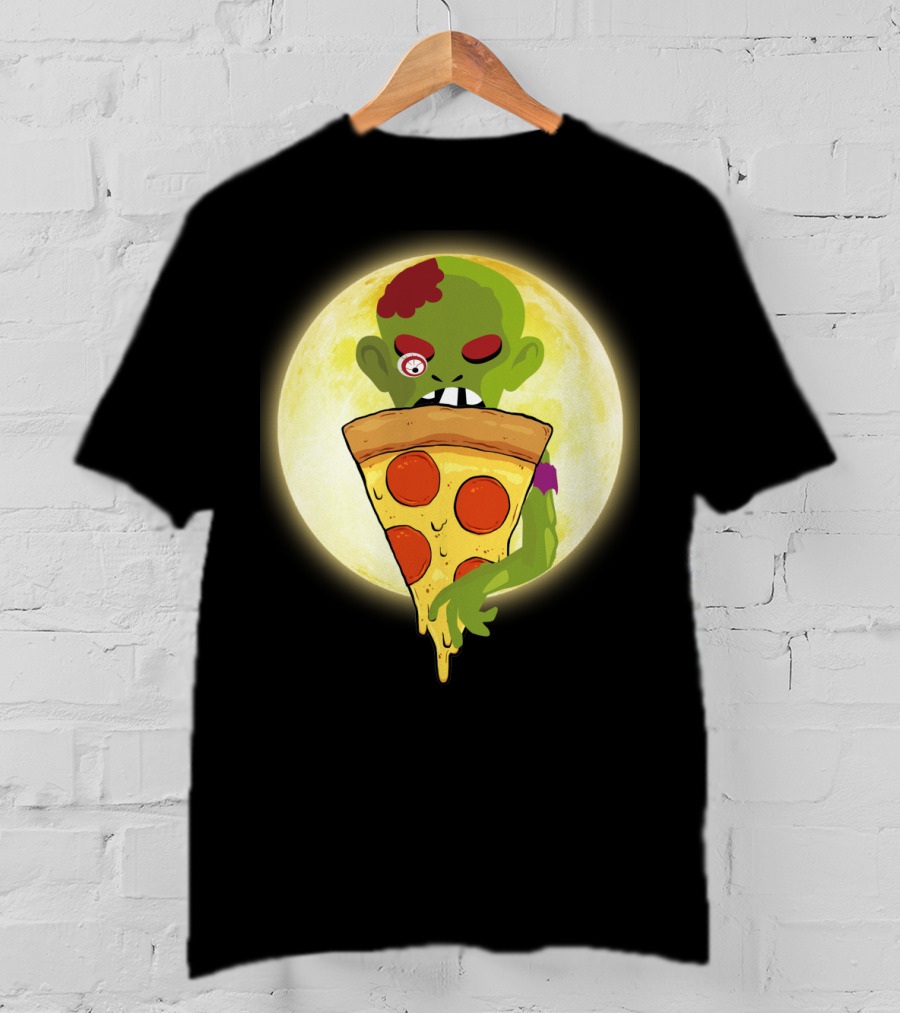 Zombie Eating Pepperoni Pizza Under Full Moon T-Shirt