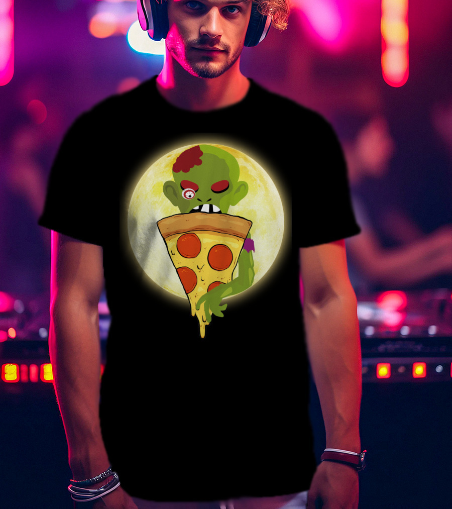 Zombie Eating Pepperoni Pizza Under Full Moon T-Shirt