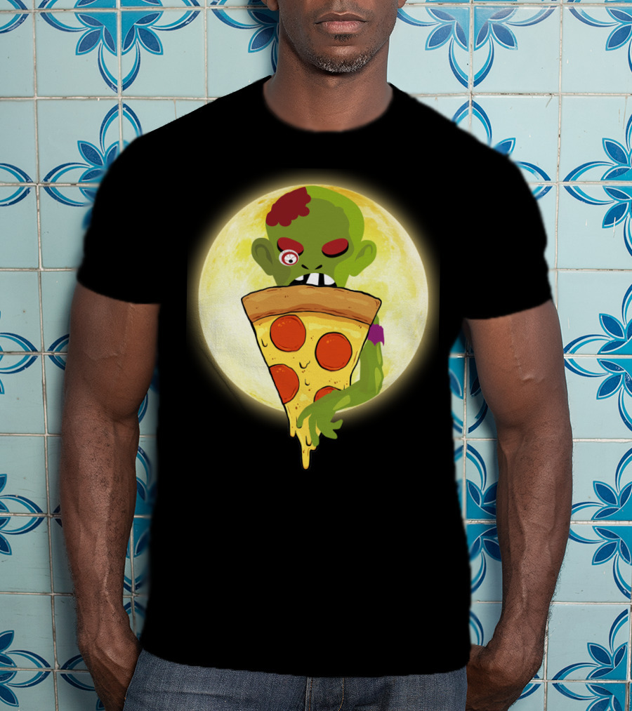 Zombie Eating Pepperoni Pizza Under Full Moon T-Shirt